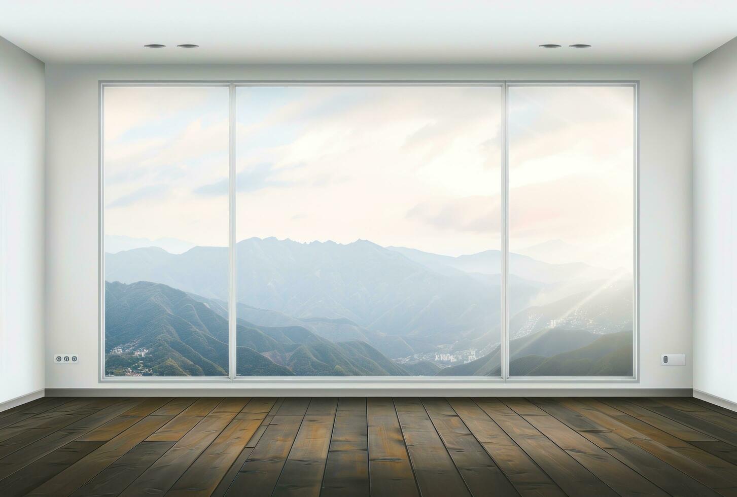 ai gegenereerd een leeg kamer met een visie van bergen door een venster foto