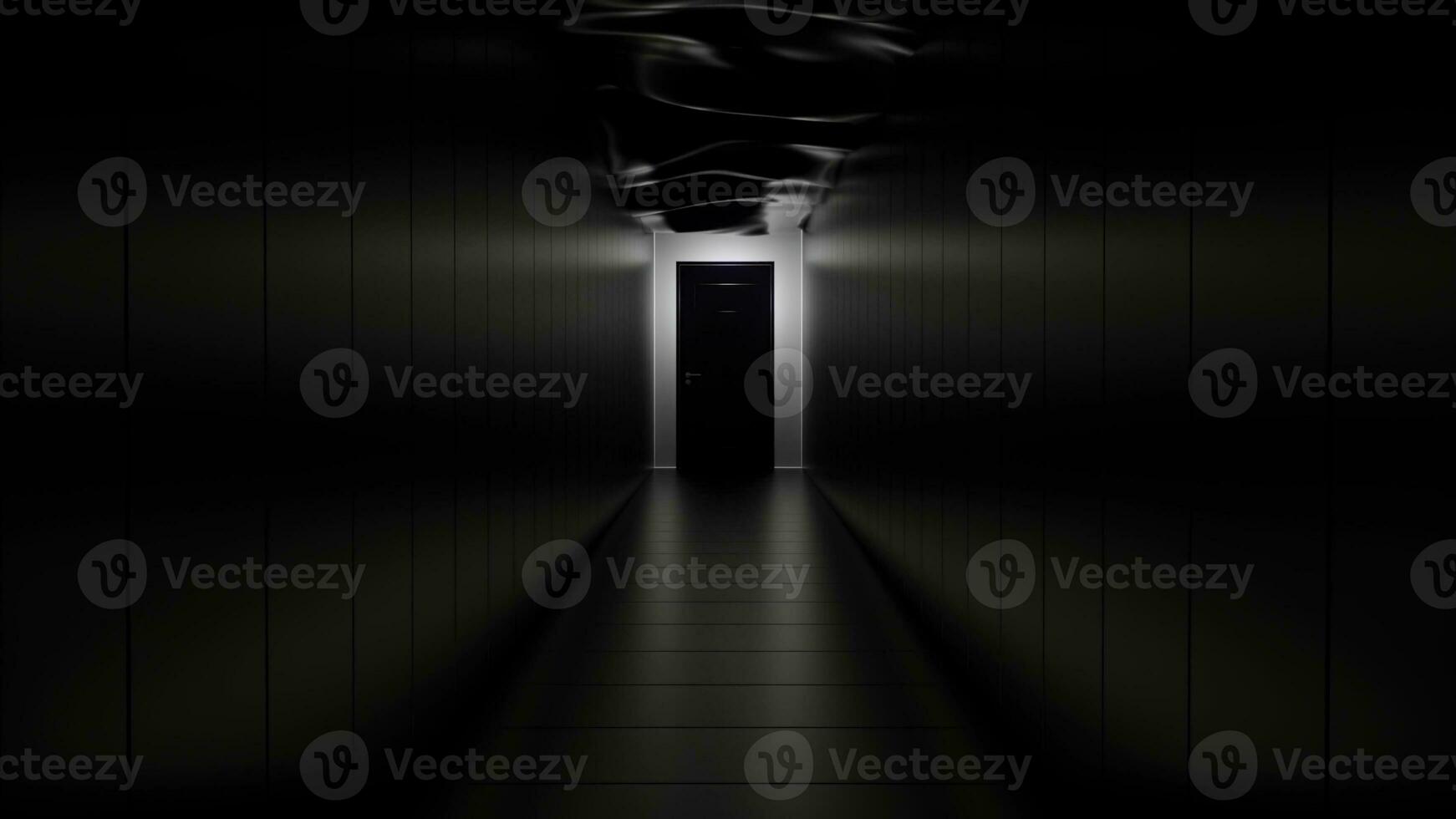 visie binnen van donker eng surrealistische gang met een deur Bij de einde. ontwerp. monochroom gang met golvend donker plafond. foto