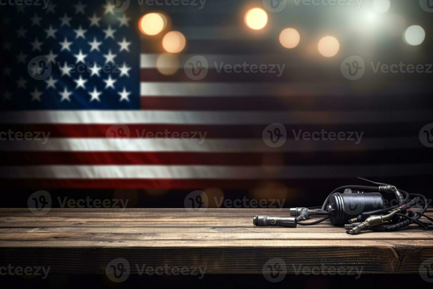 ai gegenereerd gereedschap Aan een houten tafel tegen de achtergrond van de Amerikaans vlag foto