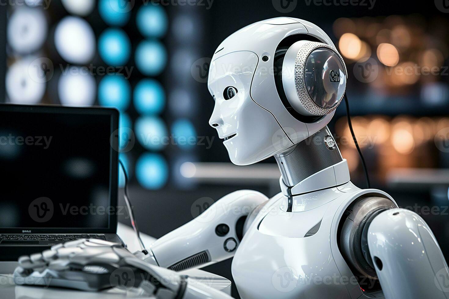 ai gegenereerd robot humanoid werken Aan een computer in een nachtclub foto