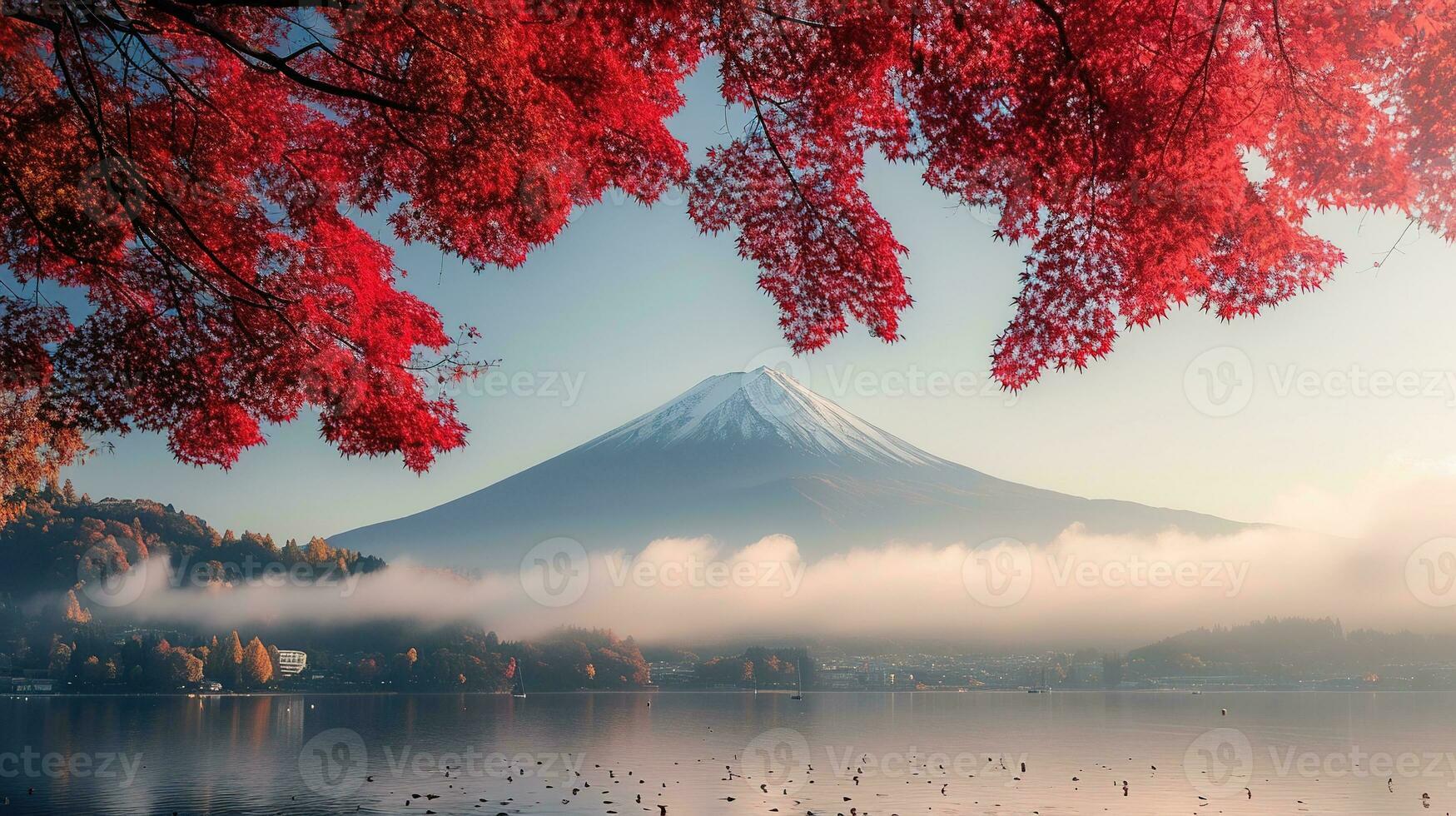 ai gegenereerd fuji berg en meer kawaguchiko in herfst seizoen, Japan foto