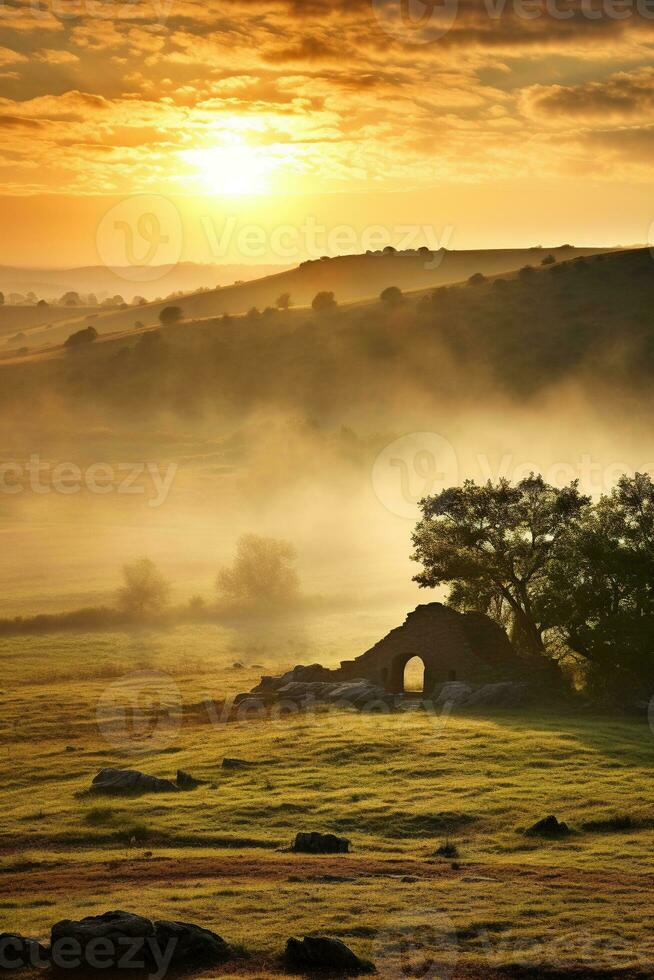 ai gegenereerd zonsopkomst over- een megalithisch graf foto