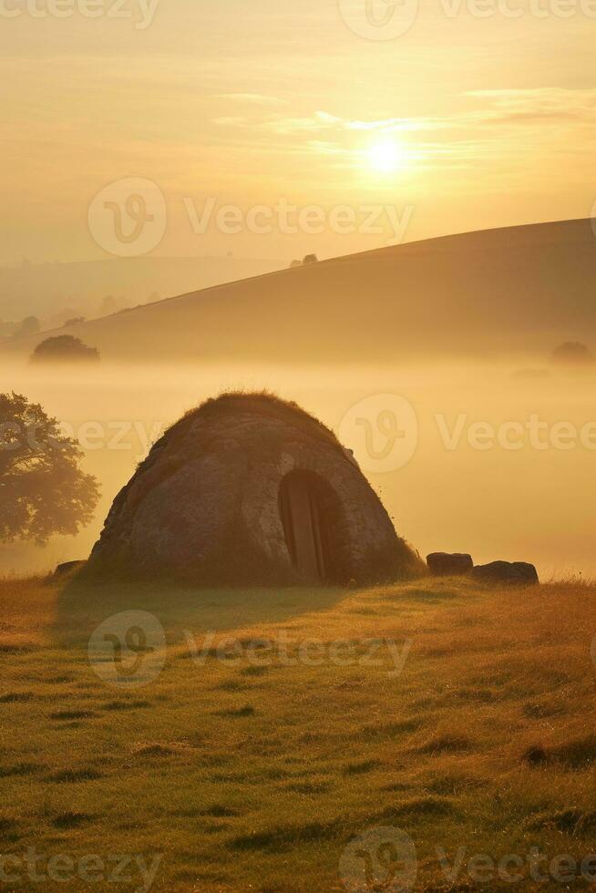 ai gegenereerd zonsopkomst over- een megalithisch graf foto