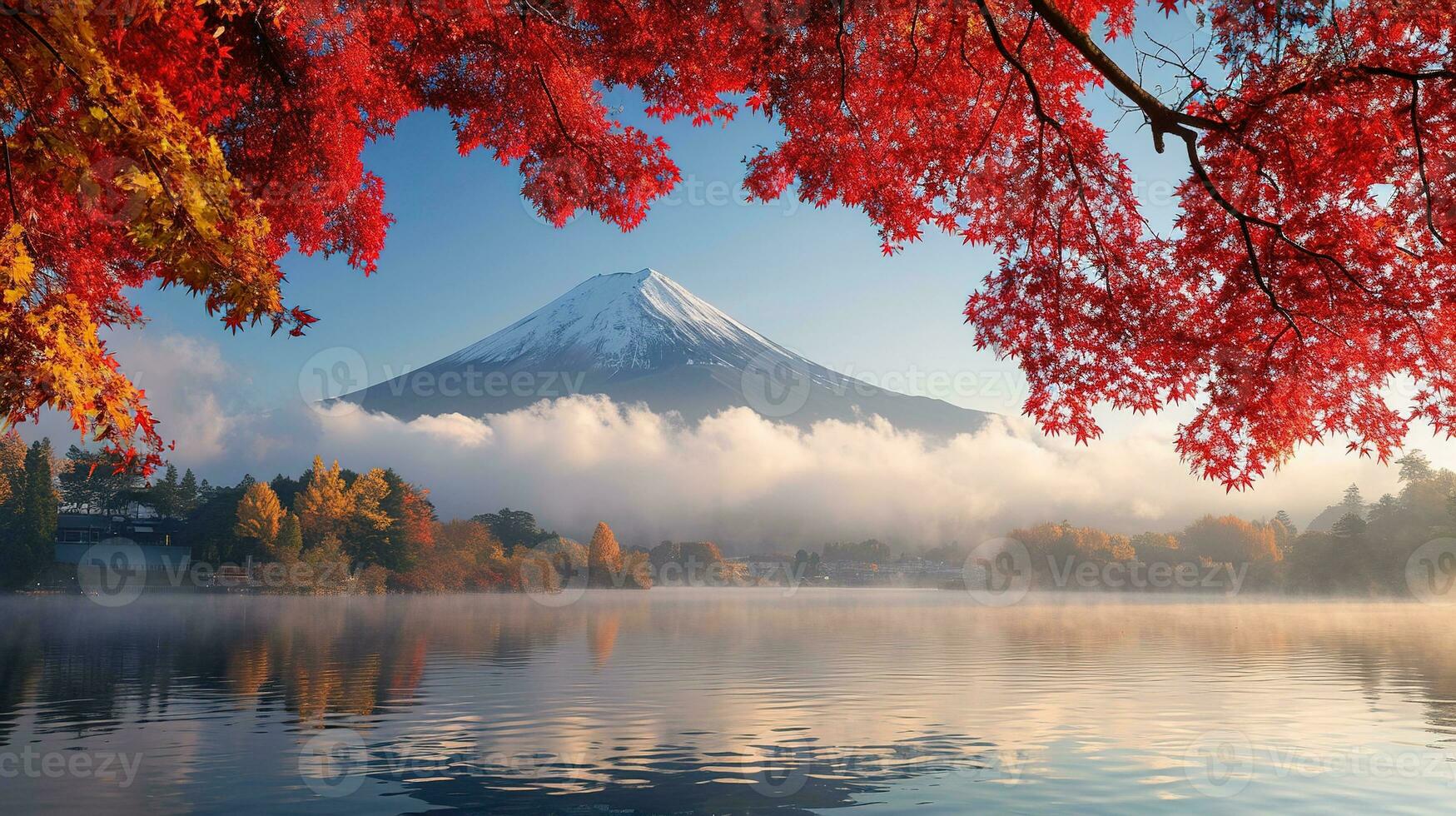 ai gegenereerd fuji berg en meer kawaguchiko in herfst seizoen, Japan foto