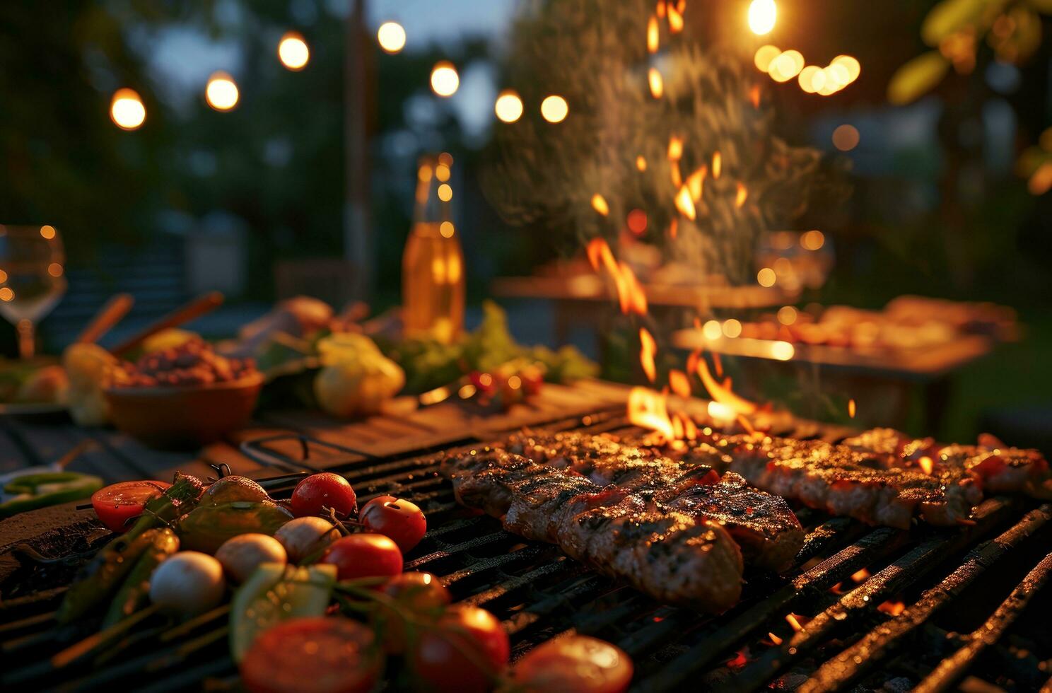 ai gegenereerd barbecue Bij de partij, buitenshuis Aan de grill, nacht verlichting, avondeten Bij huis foto