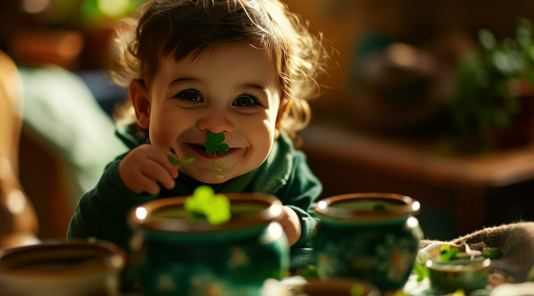 ai gegenereerd baby jongen likken sommige groen klavers foto