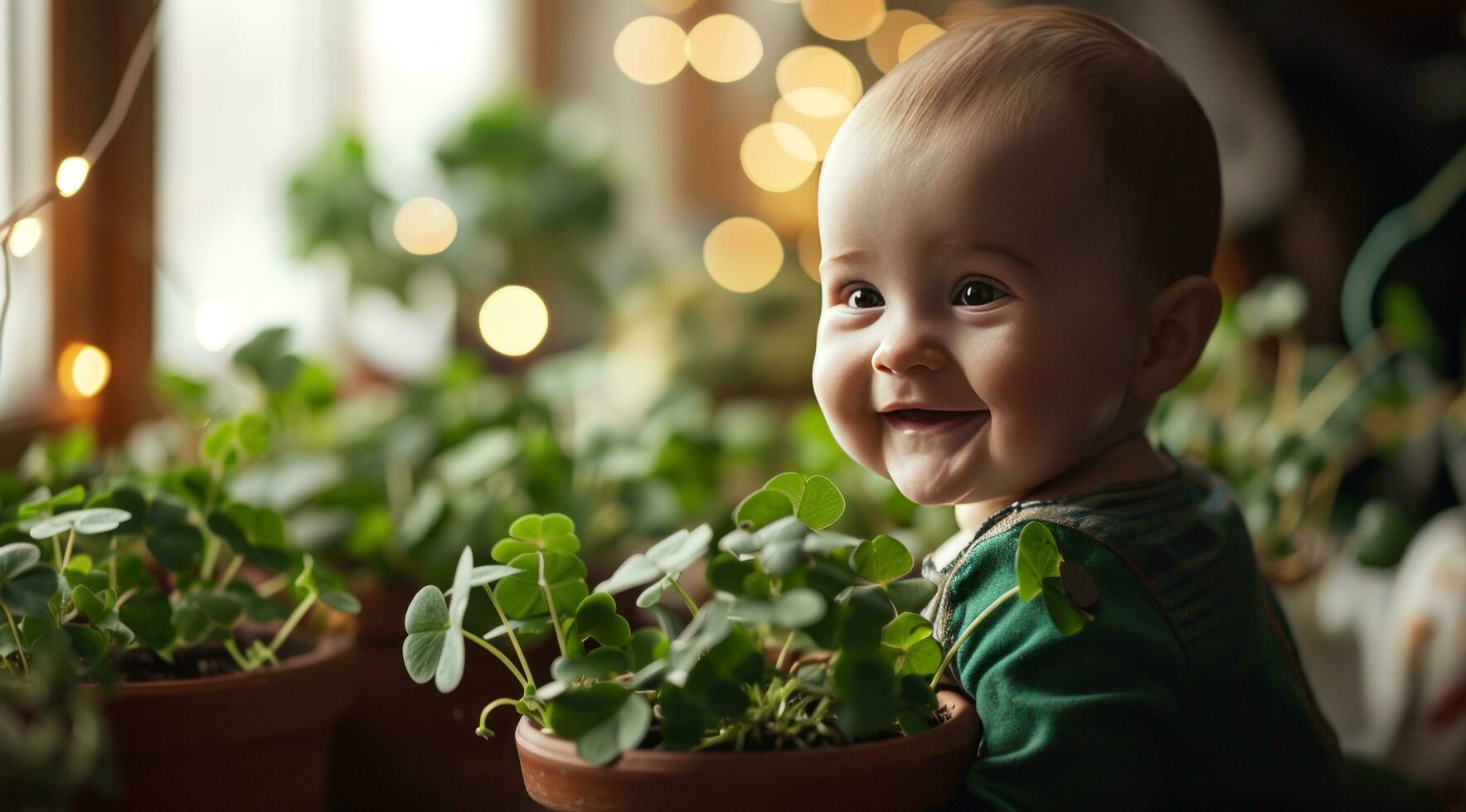 ai gegenereerd baby jongen likken sommige groen klavers foto