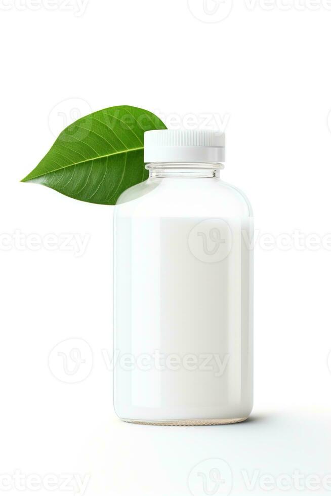 ai gegenereerd blanco kunstmatig fles met groen bladeren Aan wit achtergrond foto