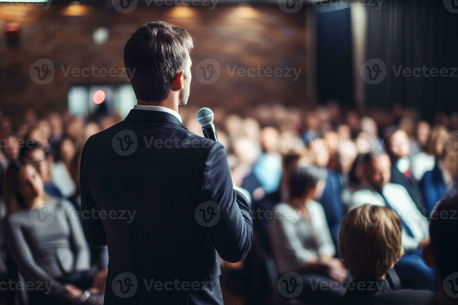 ai gegenereerd spreker geven een praten Bij bedrijf conferentie. publiek Bij de conferentie hal. bedrijf en ondernemerschap. foto