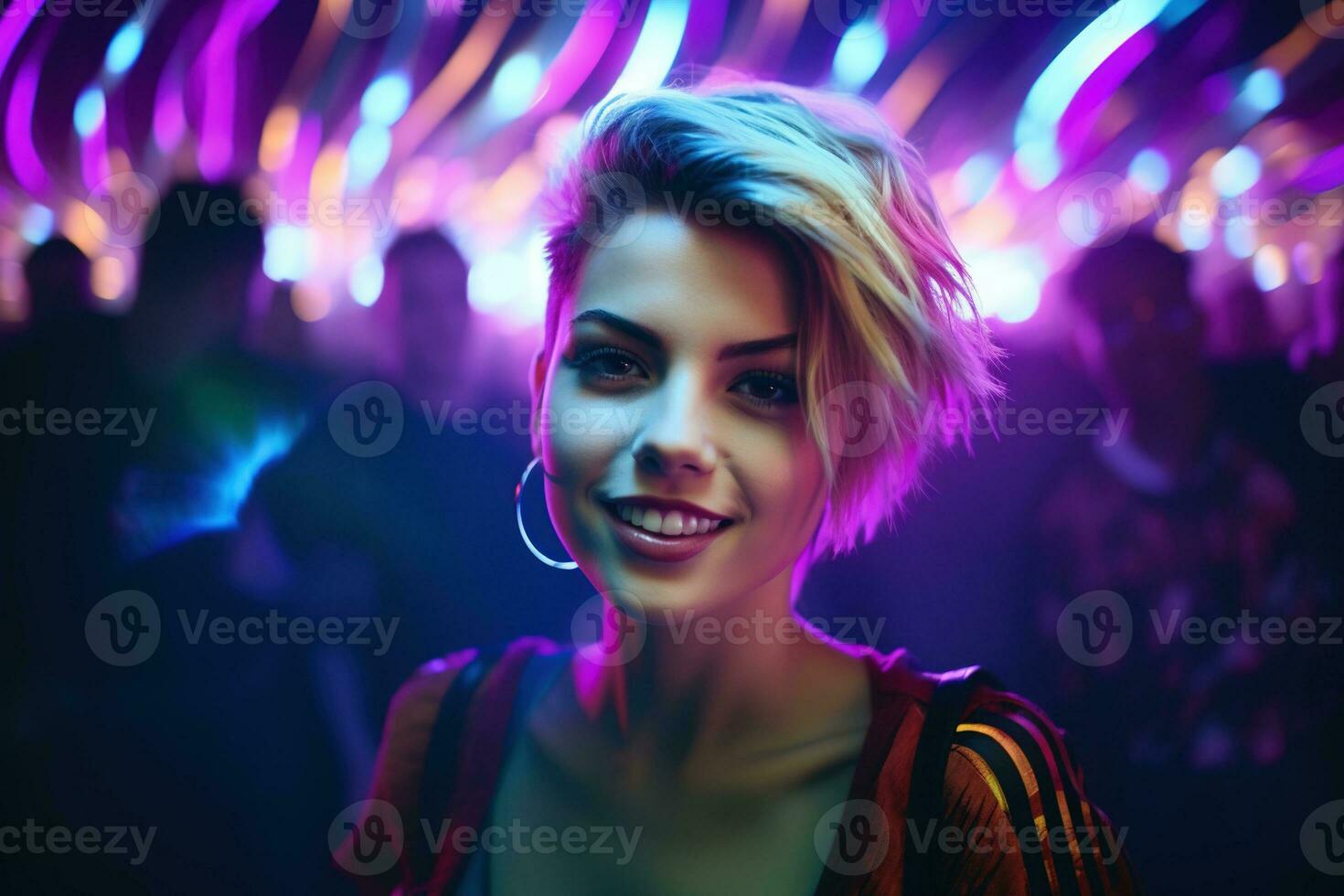 ai gegenereerd portret van een mooi meisje met kort haar- dansen in een nachtclub foto