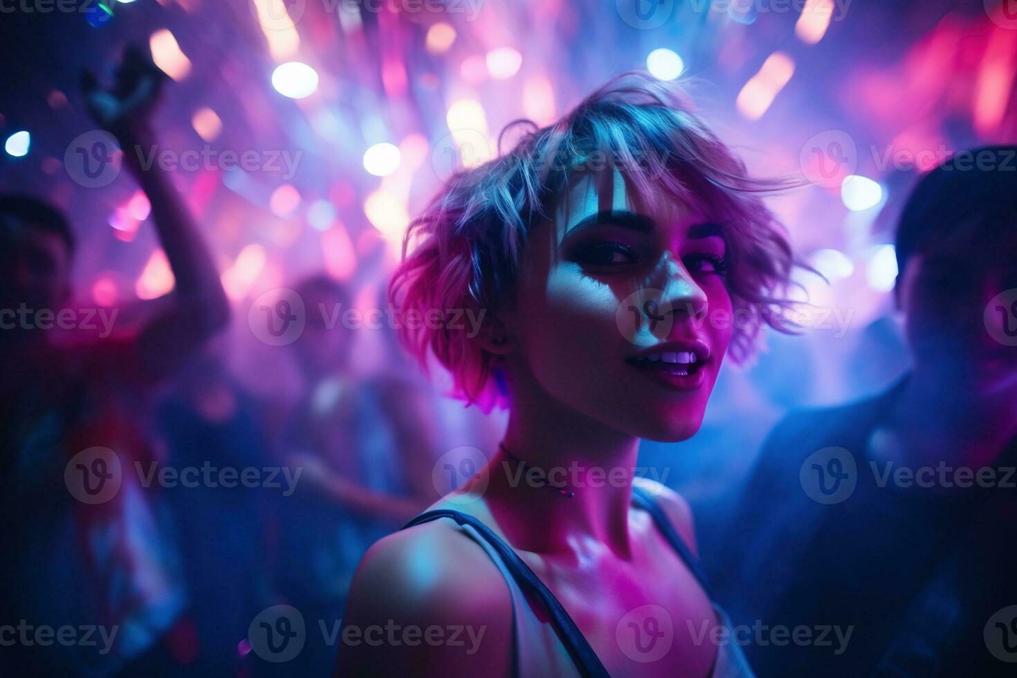 ai gegenereerd portret van een mooi meisje met kort haar- dansen in een nachtclub foto