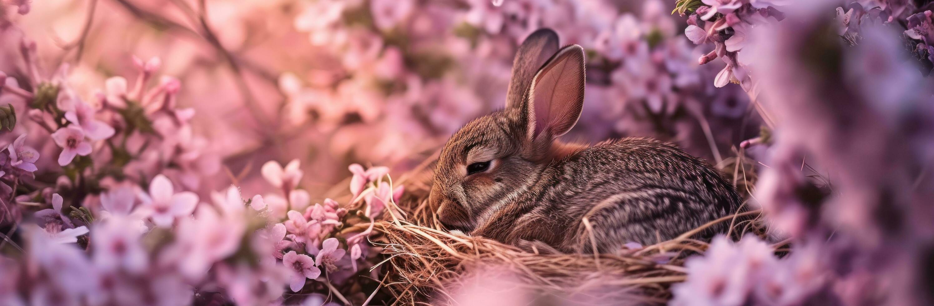 ai gegenereerd Pasen ei konijn in een nest door bloemen foto