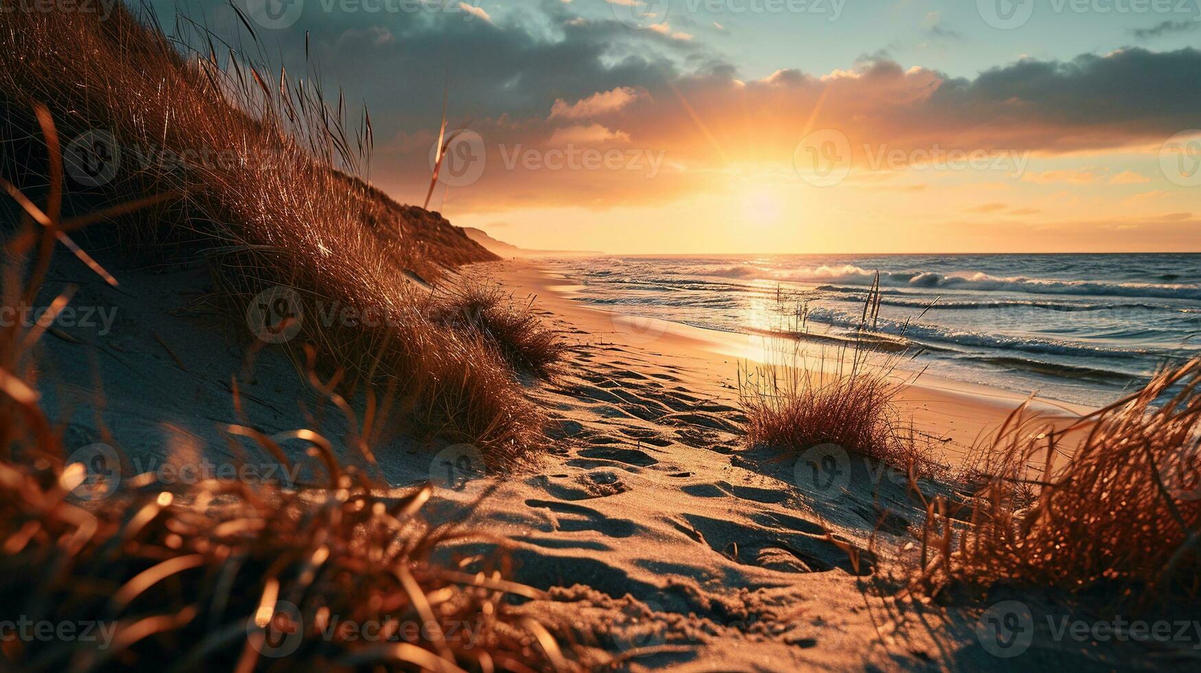 ai gegenereerd mooi zonsondergang Aan de strand. zee golven en spatten. foto