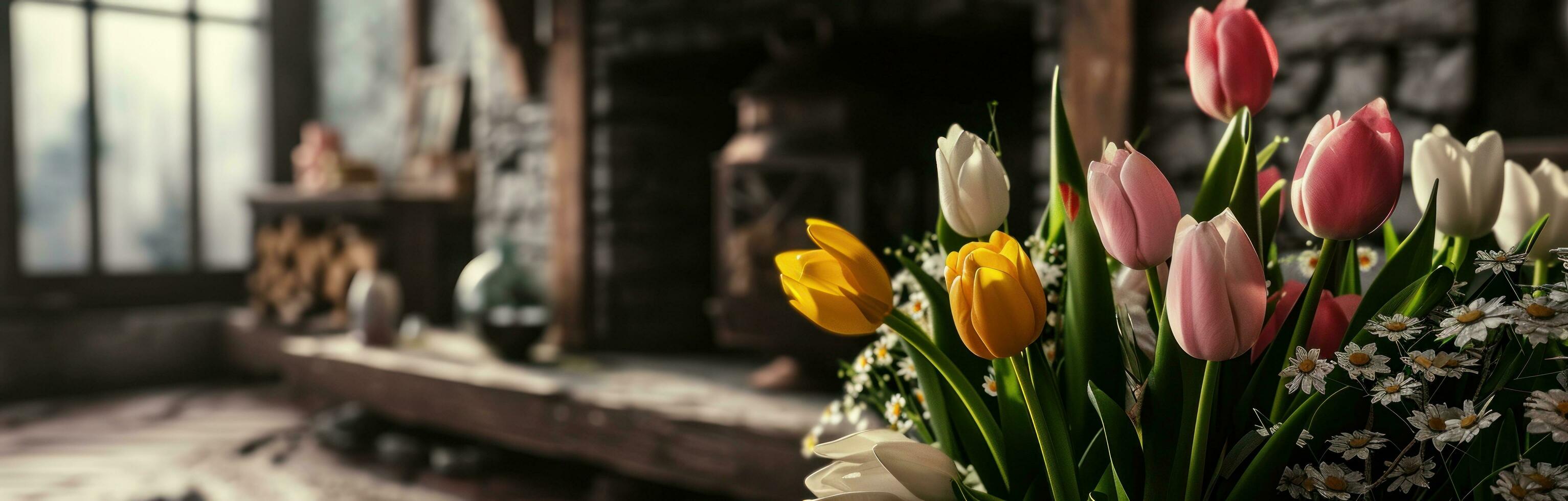 ai gegenereerd roze, geel en wit tulpen zijn zittend De volgende naar de haard foto