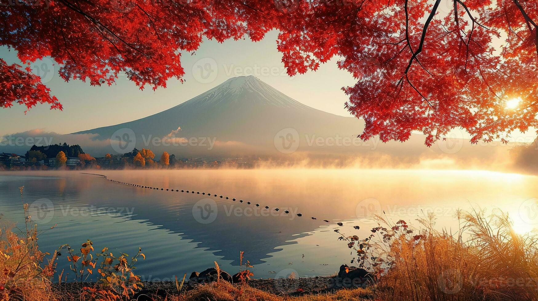 ai gegenereerd fuji berg en meer kawaguchiko in herfst seizoen, Japan foto