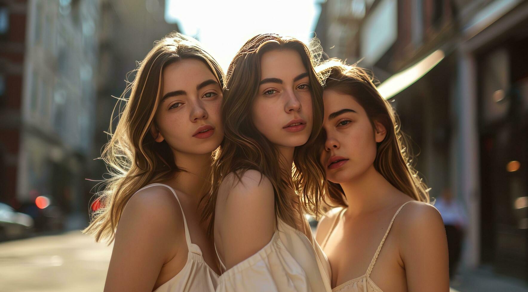 ai gegenereerd drie brunette Dames poseren in de straat foto