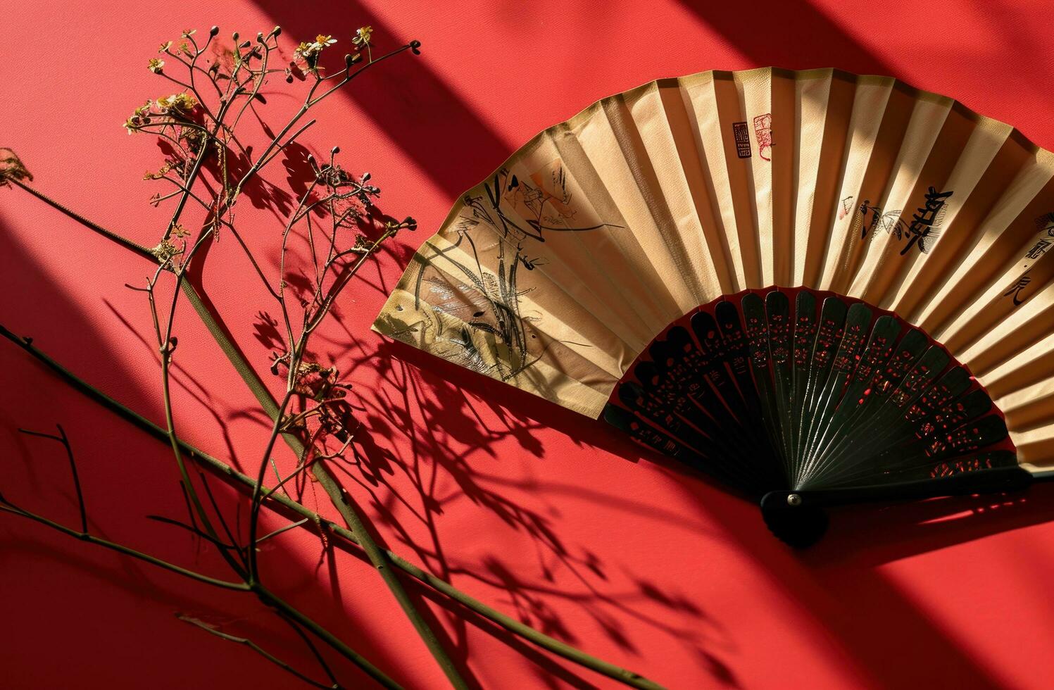 ai gegenereerd de papier ventilator met bloemen Aan rood achtergrond foto