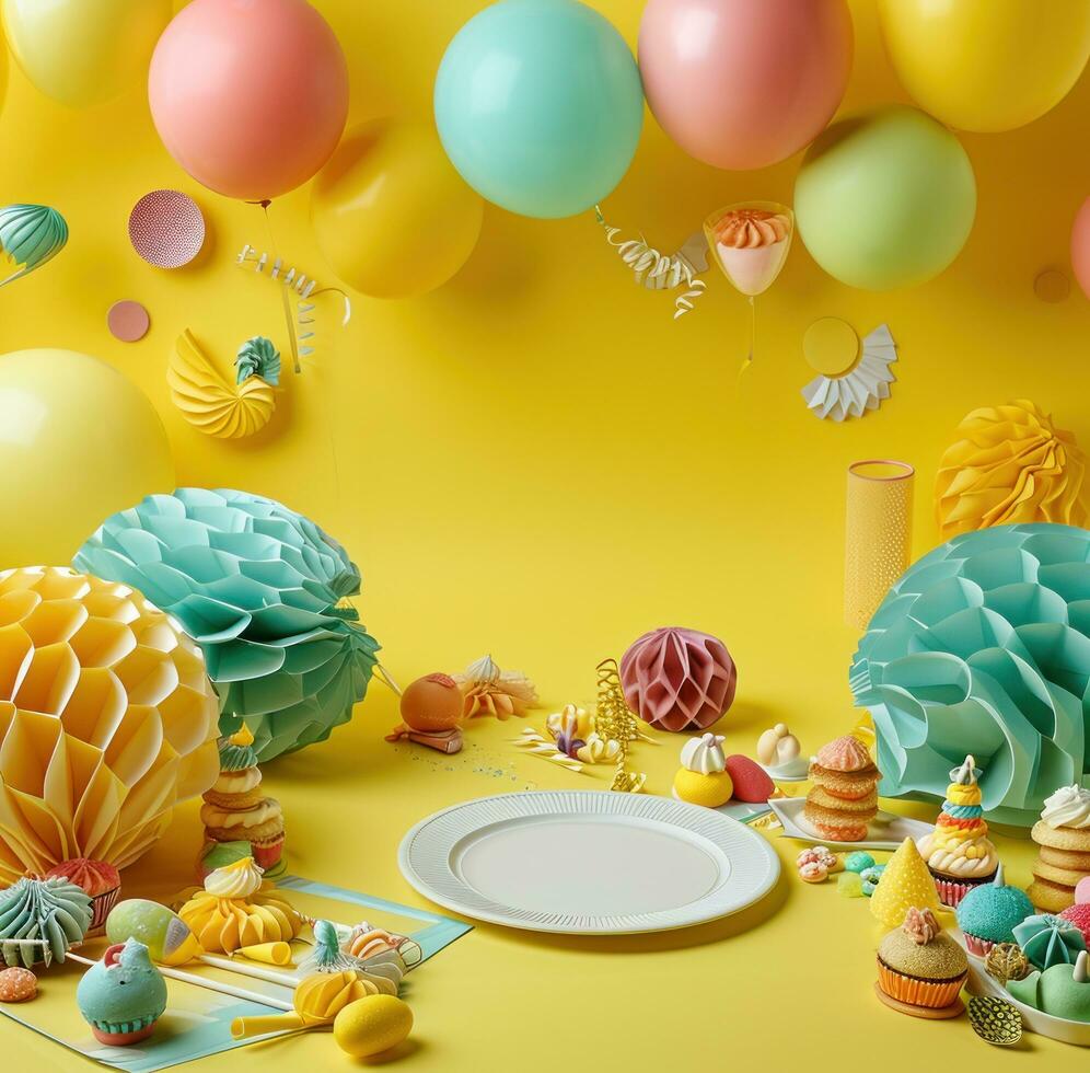 ai gegenereerd meerdere ballonnen en snoepjes zijn geregeld in een cirkel Aan een geel achtergrond foto
