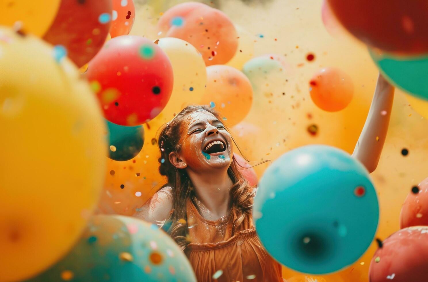 ai gegenereerd vrouw lachend met kleurrijk ballonnen in de lucht, foto