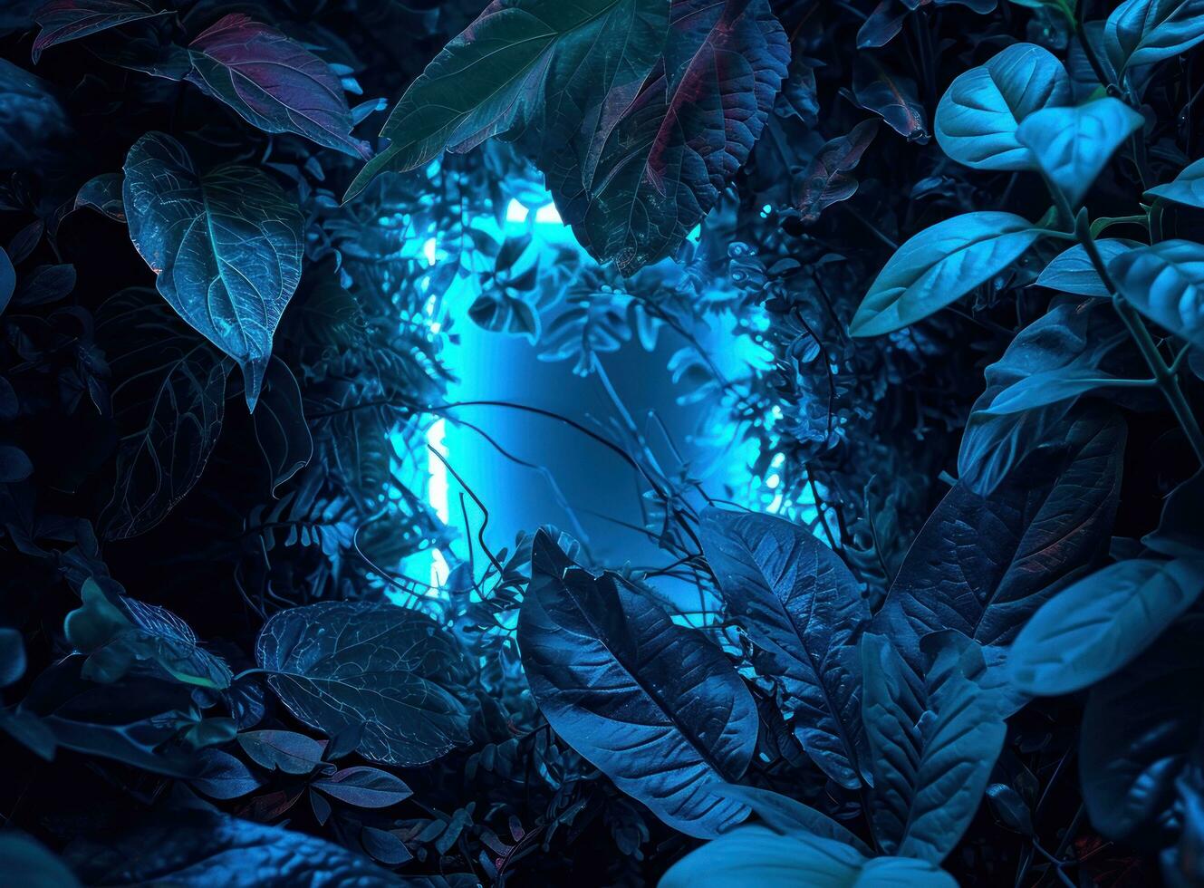 ai gegenereerd een blauw licht kader dat is omringd door donker groen bladeren foto