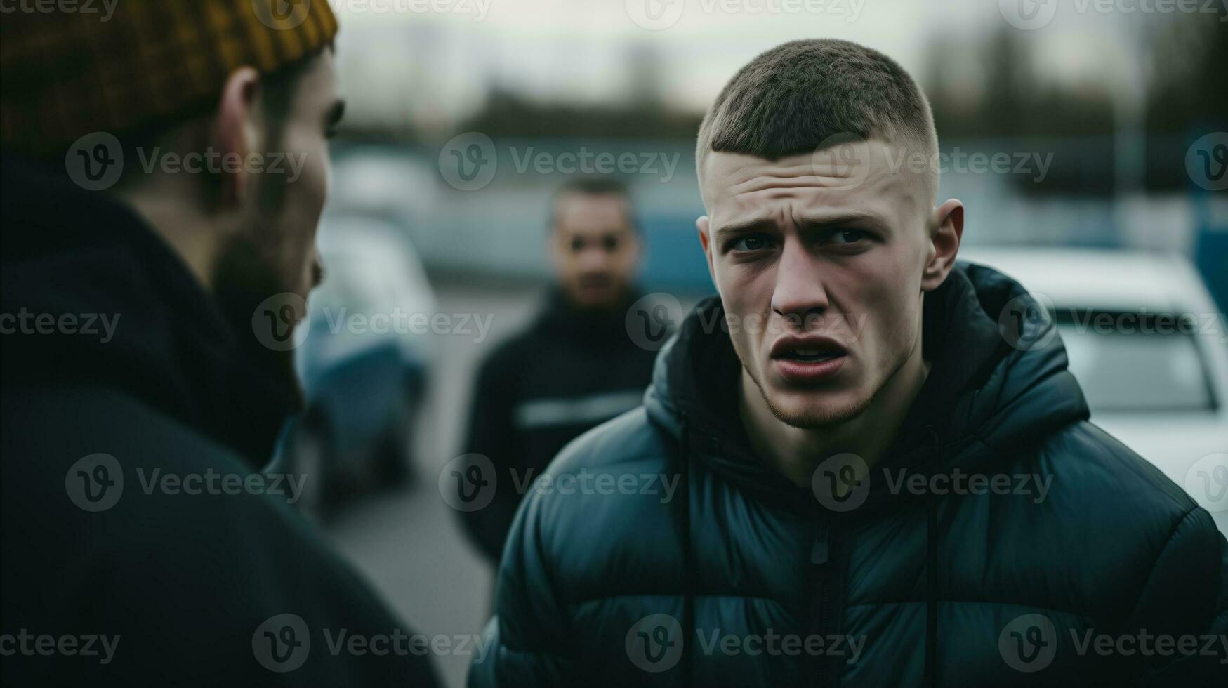 ai gegenereerd twee mannen verloofd in gesprek Aan een straat, uitwisselen woorden en gebaren terwijl omringd door stedelijk omgeving. foto