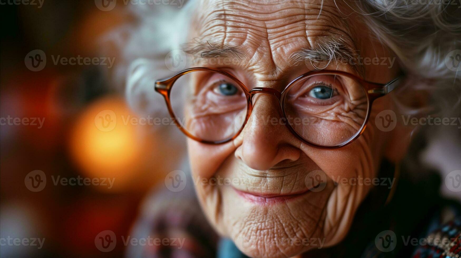 ai gegenereerd portret van een ouderen vrouw met bril uitdrukken wijsheid en warmte foto