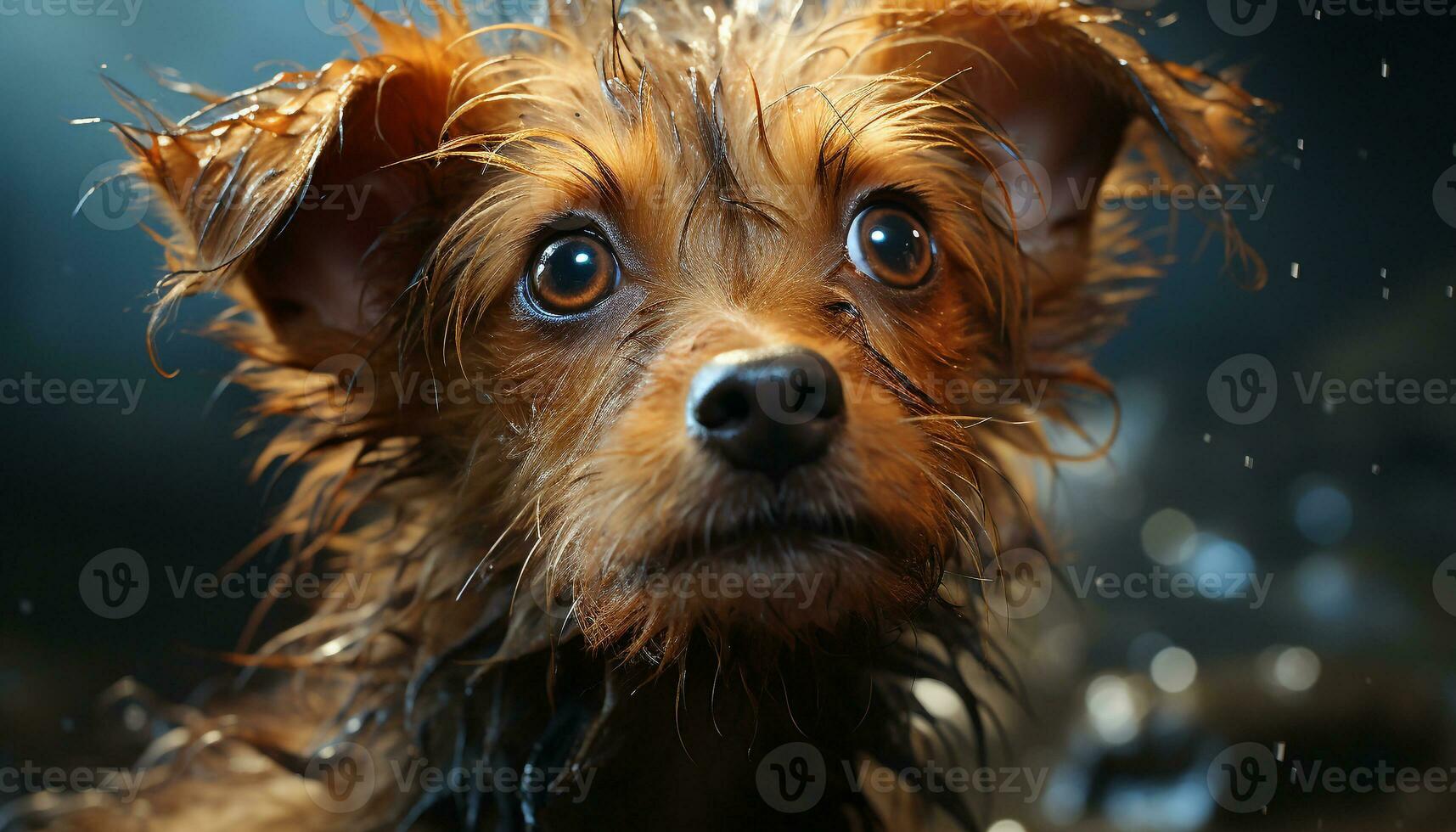 ai gegenereerd schattig pup, nat vacht, speels, zitten, op zoek Bij camera, binnenshuis gegenereerd door ai foto