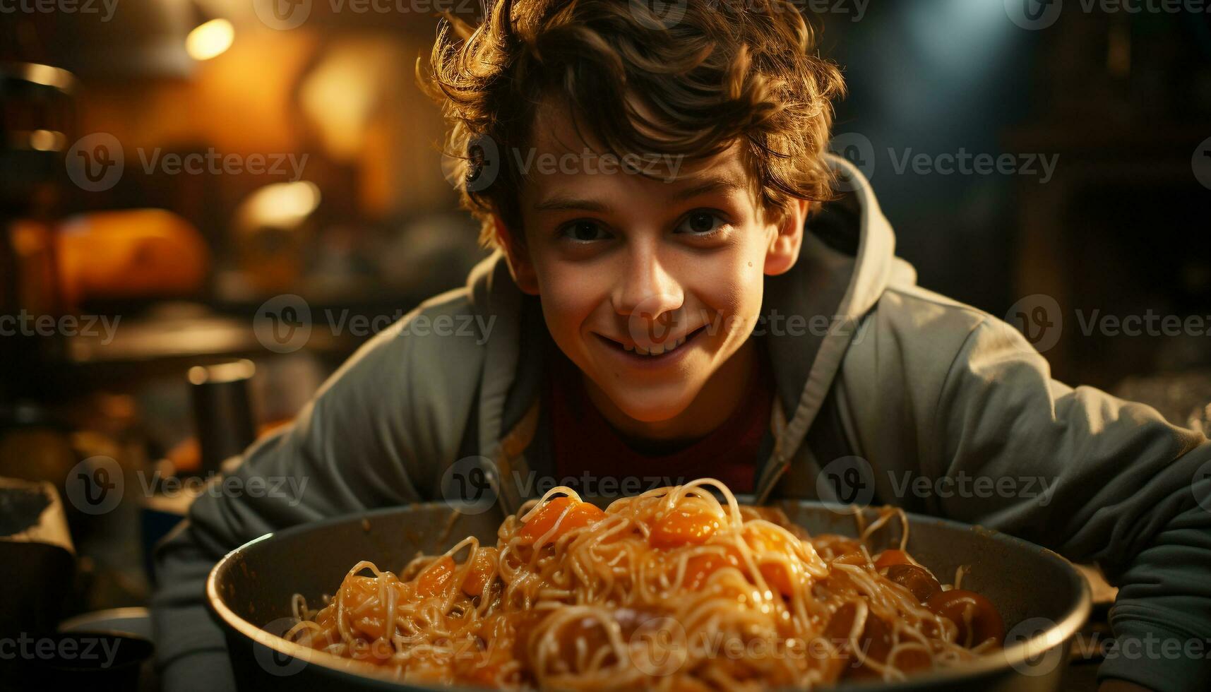 ai gegenereerd glimlachen Kaukasisch jongen Koken pasta, op zoek Bij camera in keuken gegenereerd door ai foto