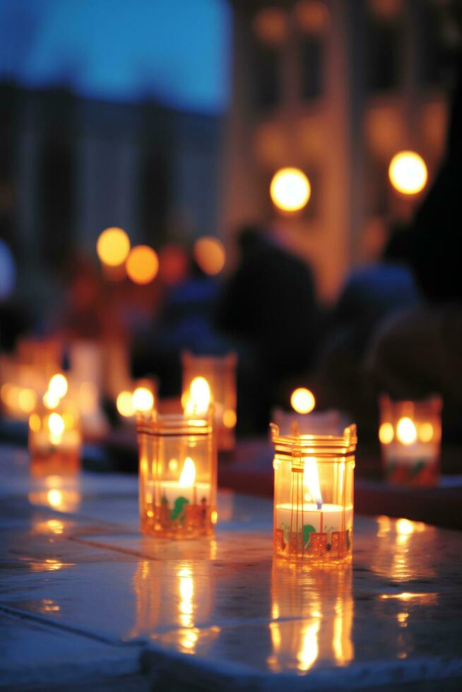 ai gegenereerd een tafel versierd met lit kaarsen, creëren een warm en uitnodigend sfeer. foto