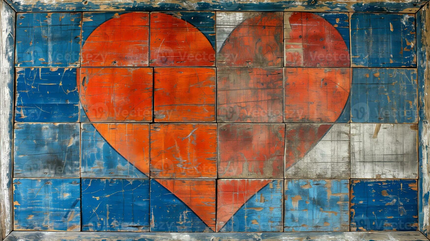 ai gegenereerd een houten hart geschilderd Aan de verslechterd hout. foto