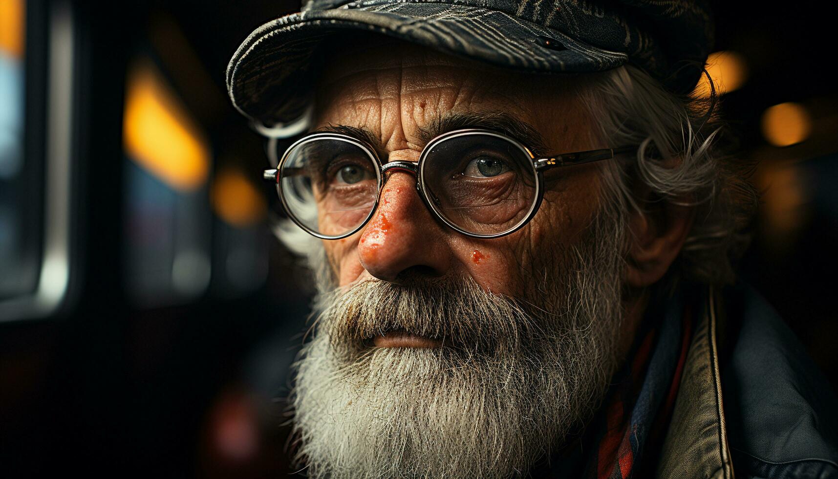 ai gegenereerd een zelfverzekerd, elegant senior Mens met een baard en zonnebril gegenereerd door ai foto