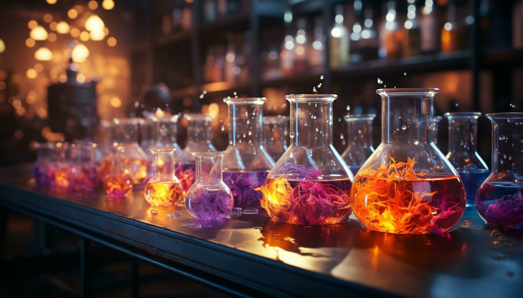 ai gegenereerd wetenschappelijk experiment vloeistof chemie in multi gekleurde glas beker gegenereerd door ai foto