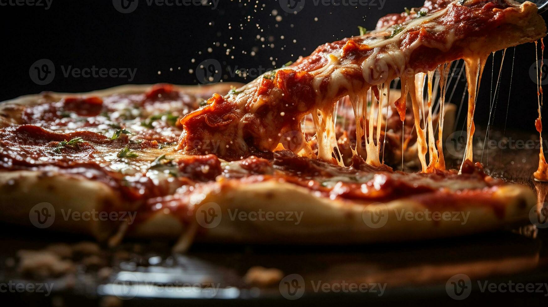 ai gegenereerd een plak van pizza met kaas en krokant korst wezen getrokken weg van een pizza pan, detailopname schot, foto