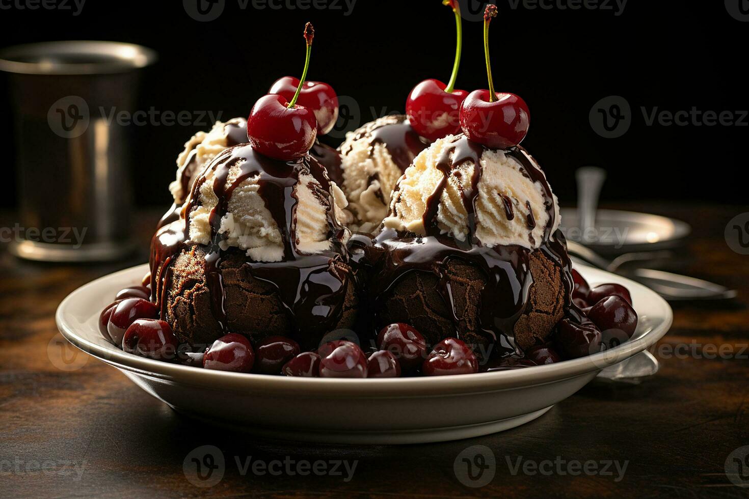 ai gegenereerd drie scheppen van chocola ijs room bekroond met heet toffees saus en een kers geserveerd in een klassiek toetje gerecht, middenhoek schot foto