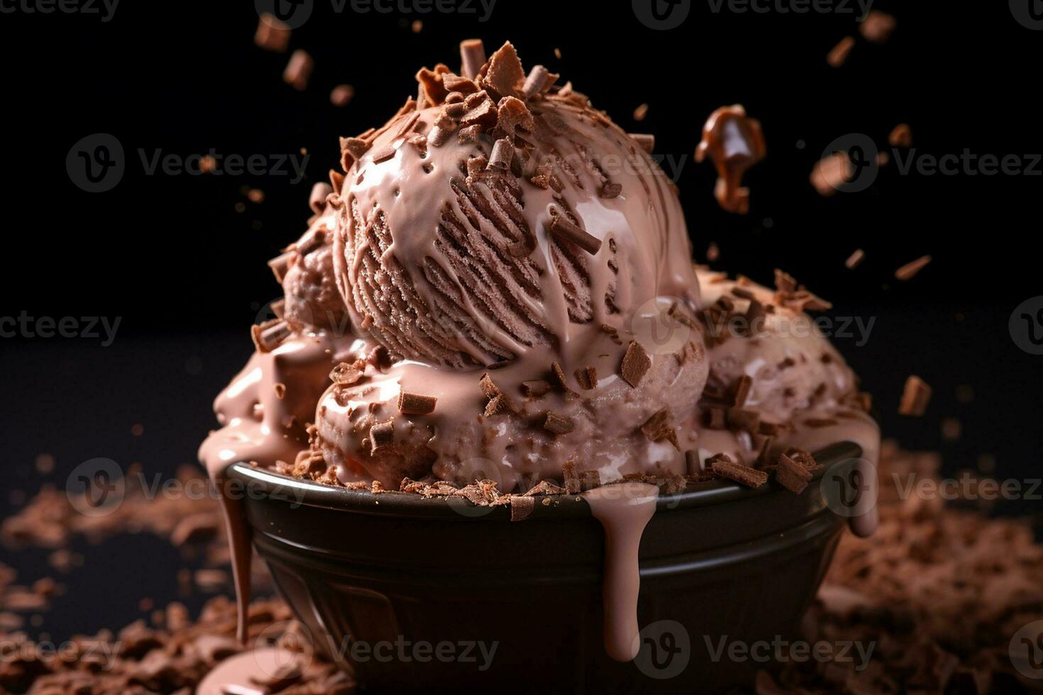 ai gegenereerd een chocola ijs room lepel met chocola krullen verspreide in de omgeving van Aan donker achtergrond, detailopname schot foto