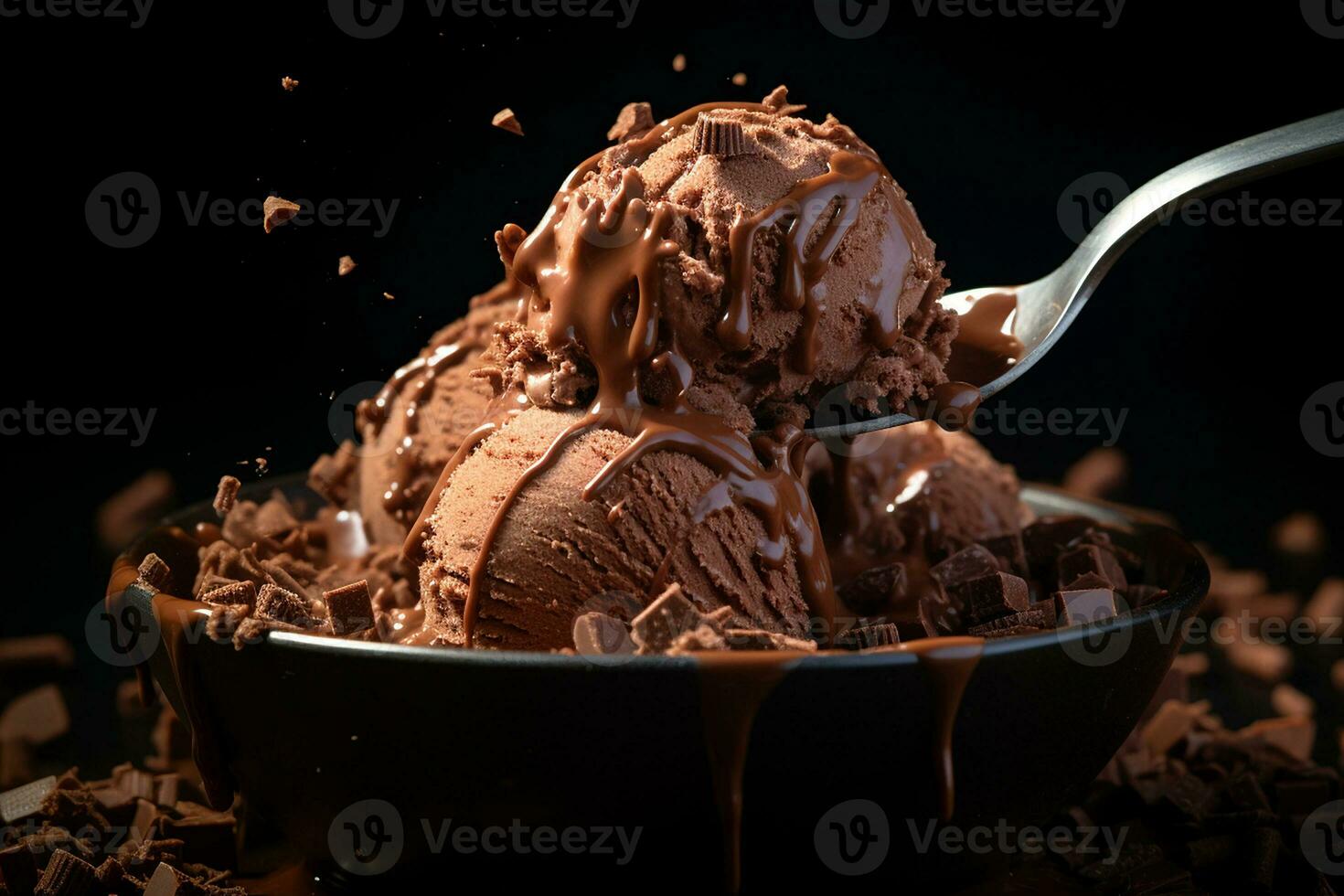 ai gegenereerd een chocola ijs room lepel met chocola krullen verspreide in de omgeving van Aan donker achtergrond, detailopname schot foto
