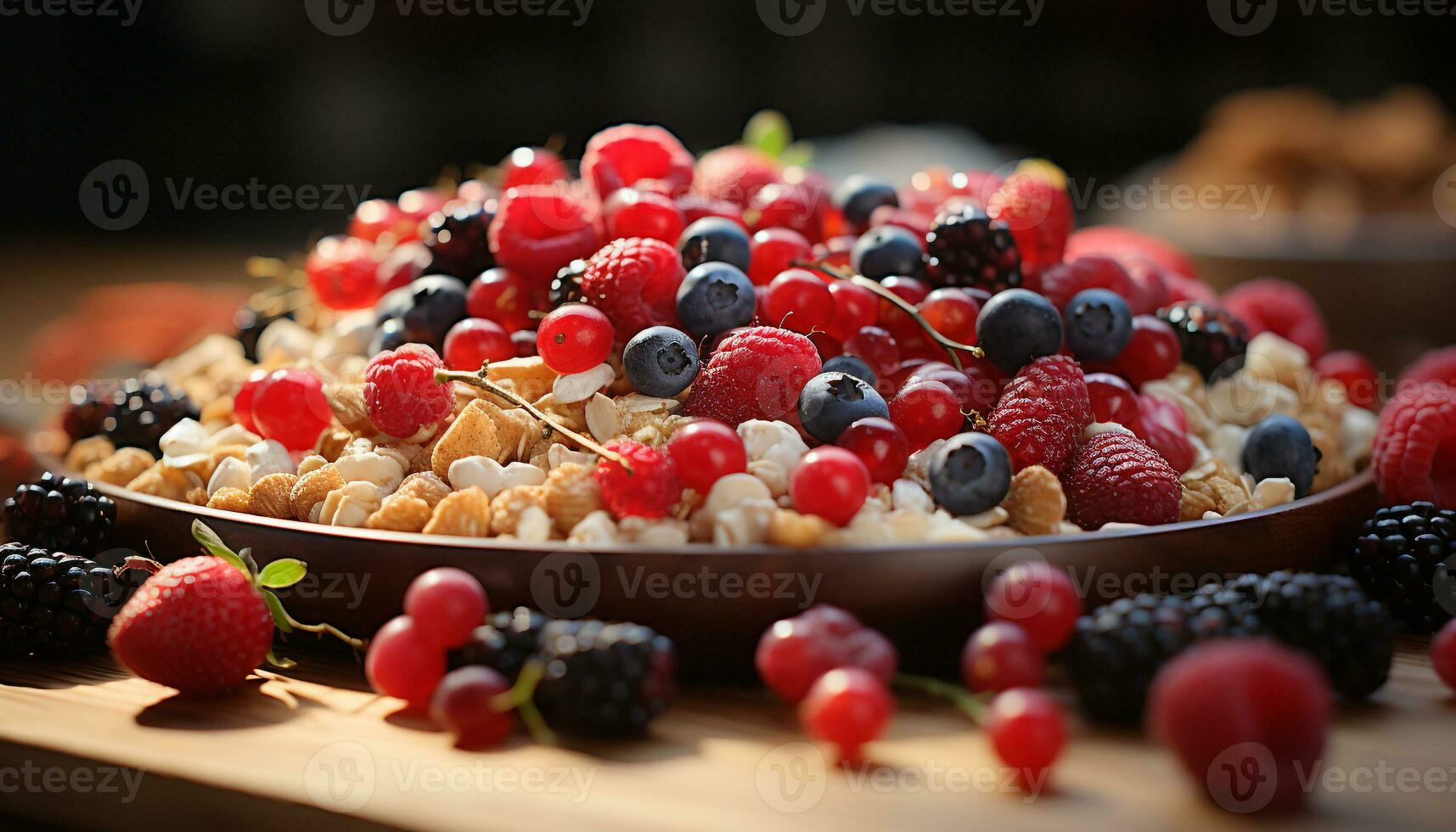 ai gegenereerd gezond aan het eten vers fruit kom Aan rustiek houten tafel gegenereerd door ai foto