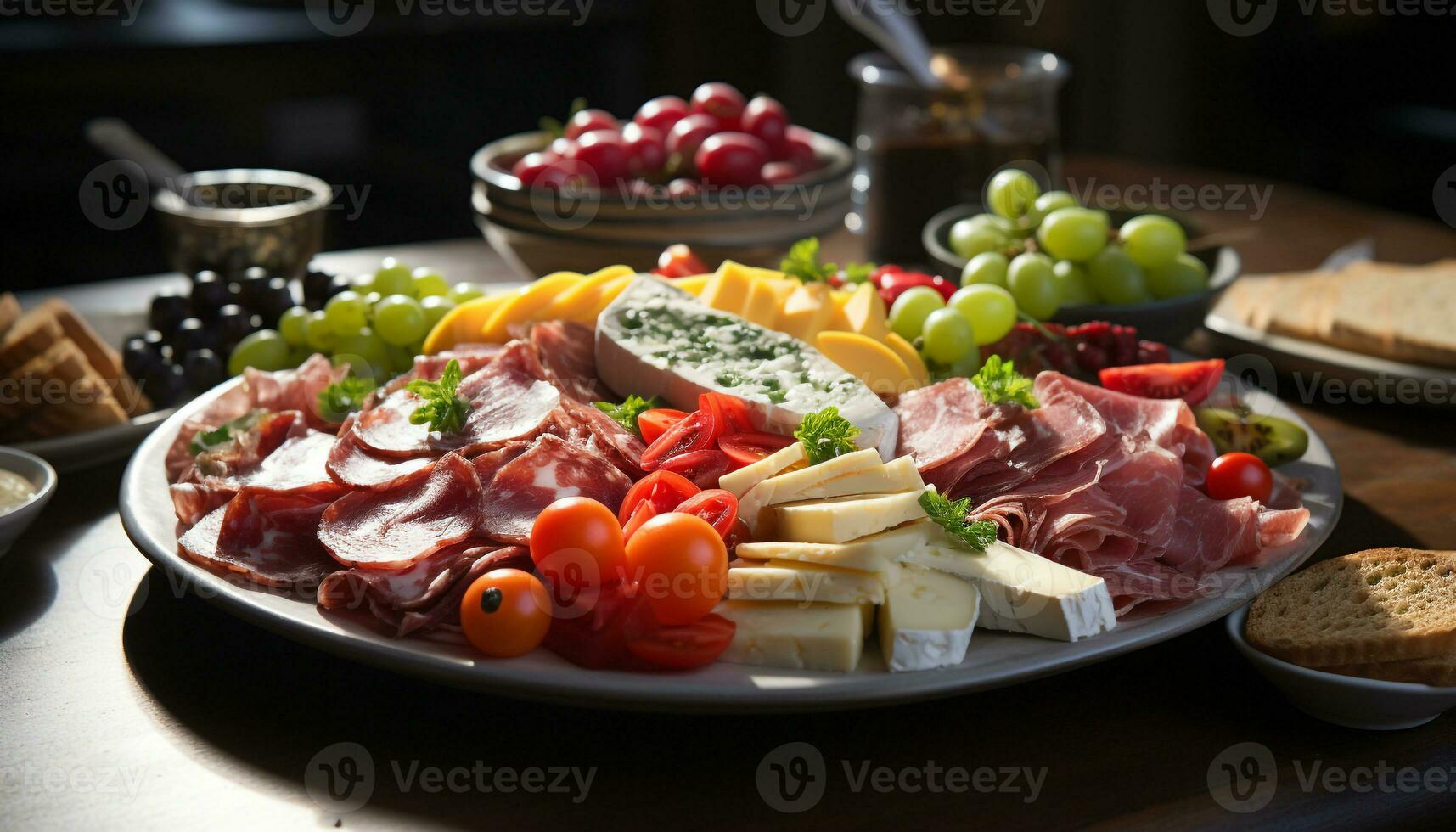 ai gegenereerd een fijnproever maaltijd prosciutto, brood, versheid, tomaat, druif, variatie gegenereerd door ai foto