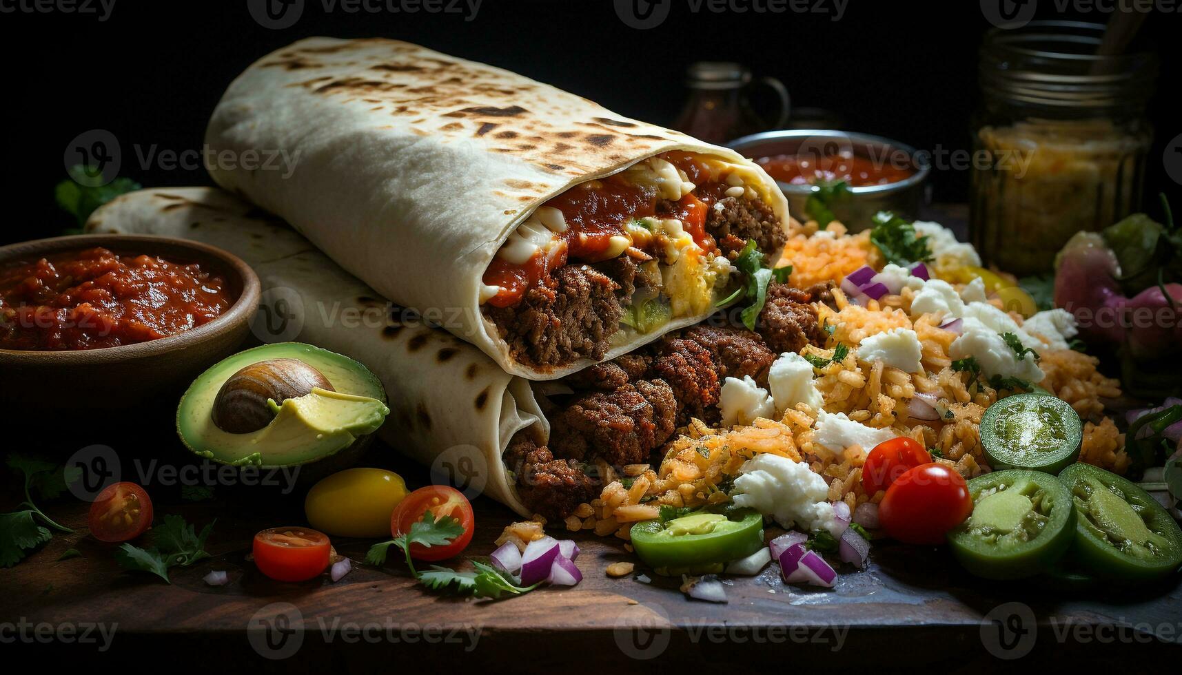 ai gegenereerd gegrild vlees Aan plat brood, bekroond met vers guacamole en groenten gegenereerd door ai foto