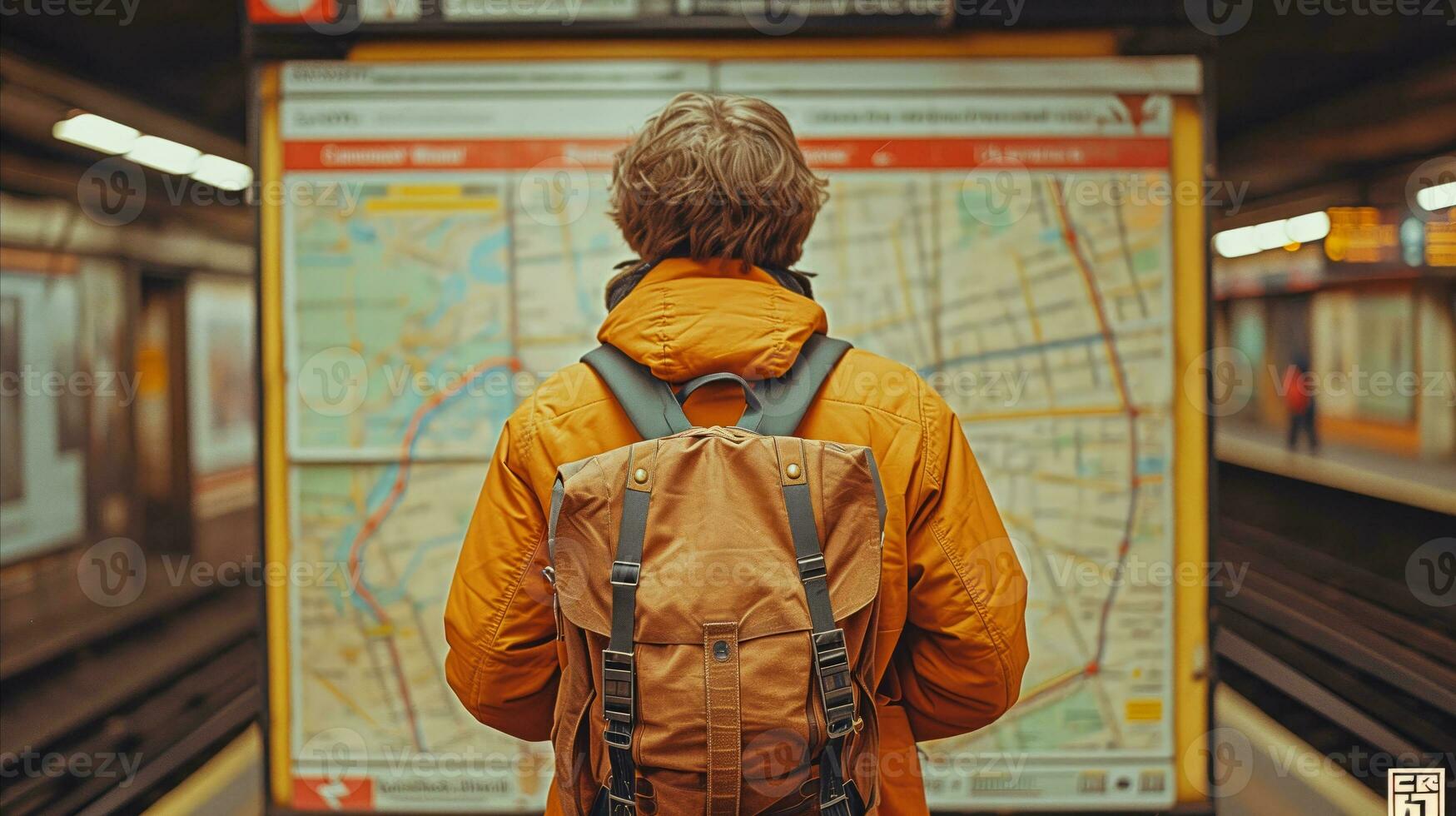 ai gegenereerd Mens in oranje jasje op zoek Bij metro kaart Aan platform foto