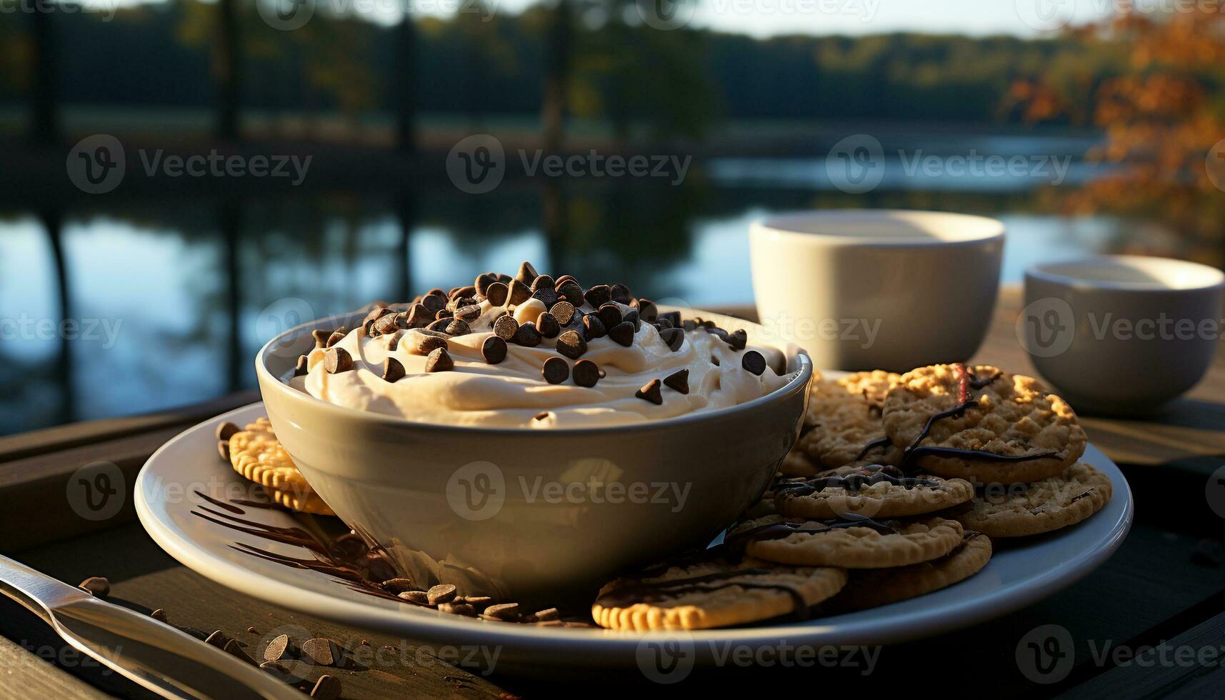 ai gegenereerd vers gebakken chocola koekjes Aan een rustiek houten tafel gegenereerd door ai foto