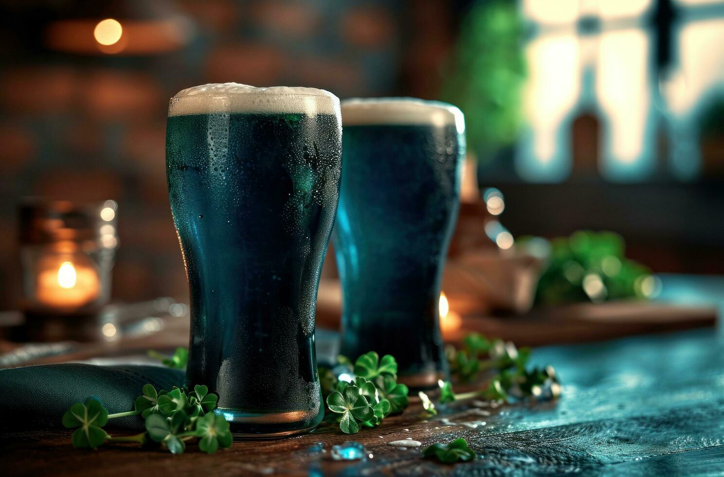 ai gegenereerd ioscoin's klaver de het beste Iers bier met klavers foto