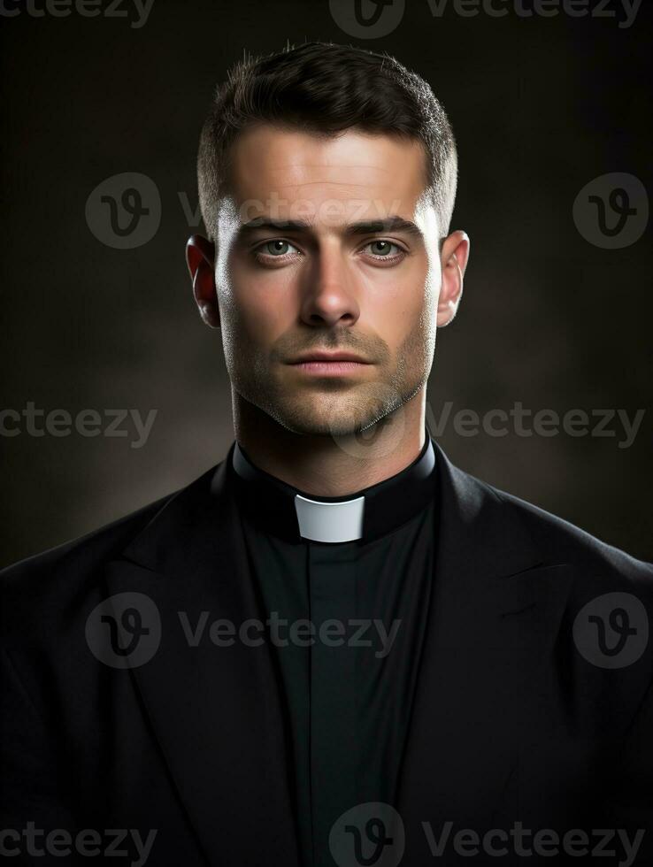 ai gegenereerd geestelijk mannetje priester in kerk, ai gegenereerd foto