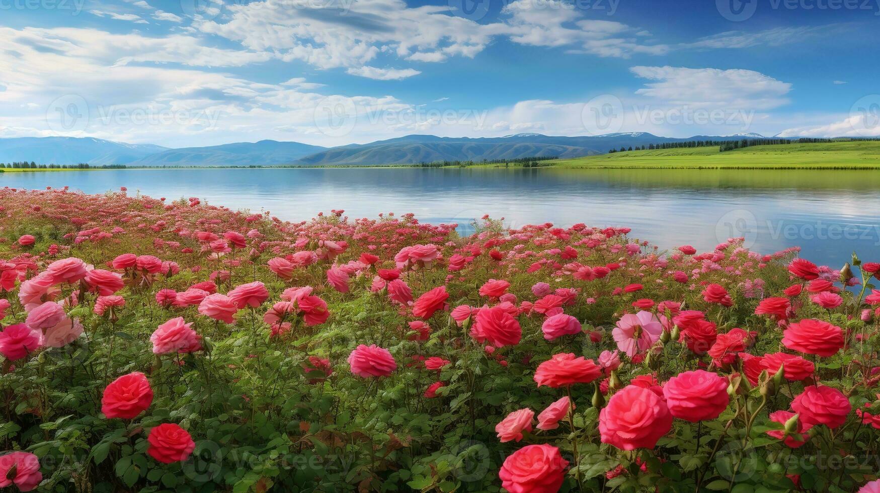 ai gegenereerd oever van het meer roos veld- elegantie - ai gegenereerd foto