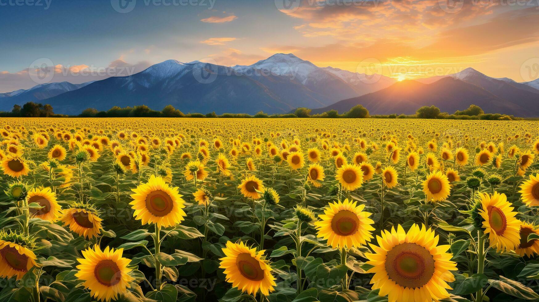 ai gegenereerd zonnebloem veld- tegen berg backdrop - ai gegenereerd foto