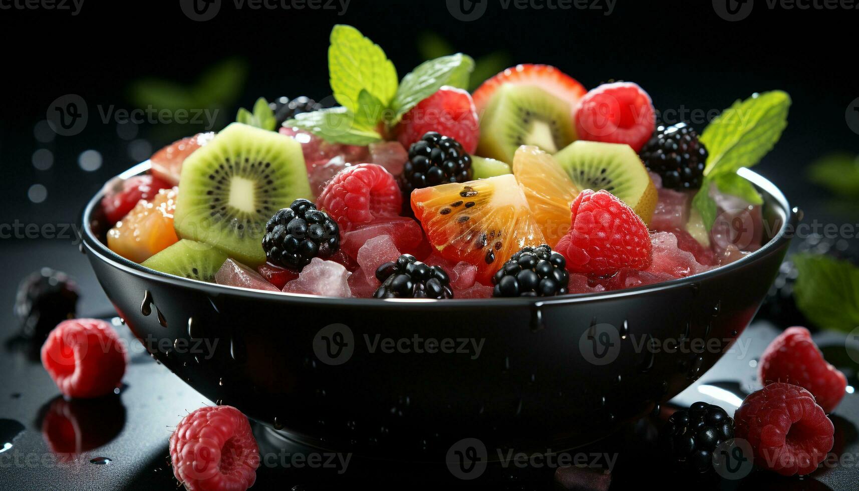 ai gegenereerd versheid en zoetheid in een kom van BES fruit salade gegenereerd door ai foto