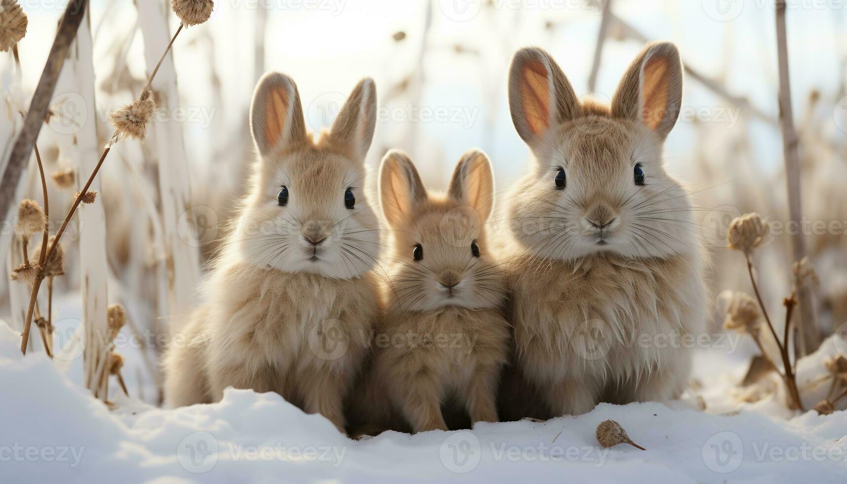 ai gegenereerd schattig baby konijnen zittend in de sneeuw, pluizig en klein gegenereerd door ai foto