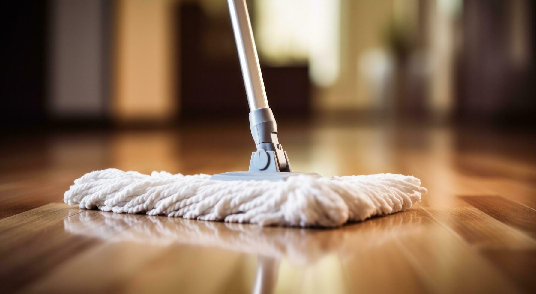 ai gegenereerd dweilen Aan houten verdieping van leven kamer foto