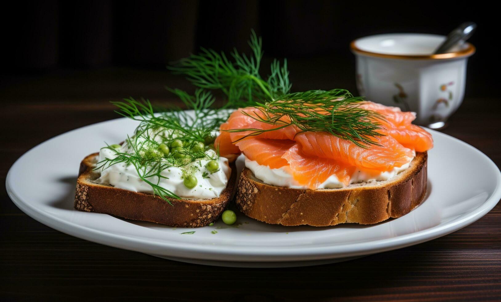 ai gegenereerd gerookt Zalm en room kaas Aan geroosterd brood met dille foto