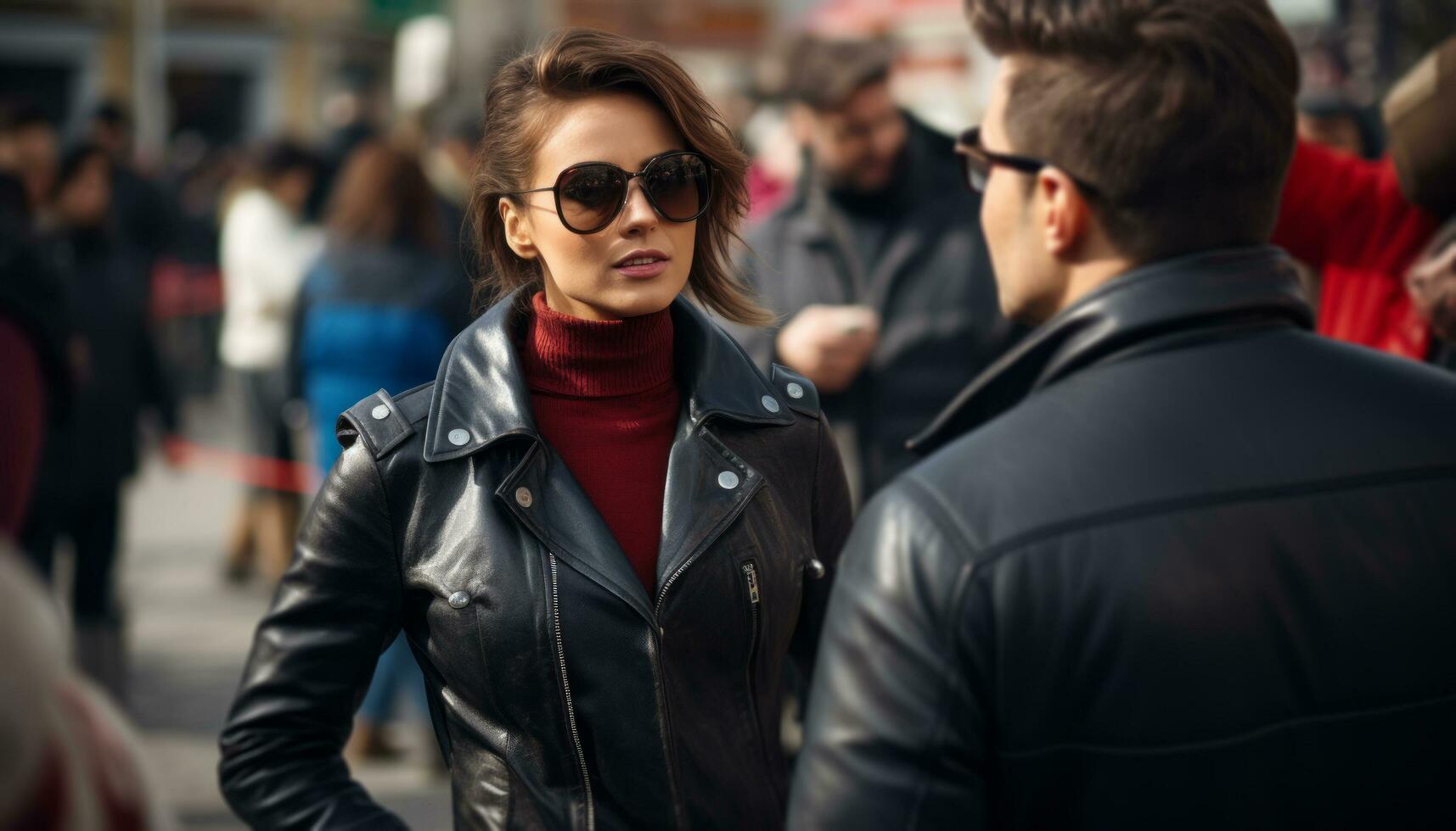 ai gegenereerd een vrouw vervelend zonnebril praat met een verslaggever voorbereidingen treffen naar praten met politicus foto